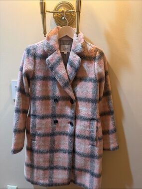 LOFT Pink and Gray Plaid Double-Breasted Pea Coat. NWT